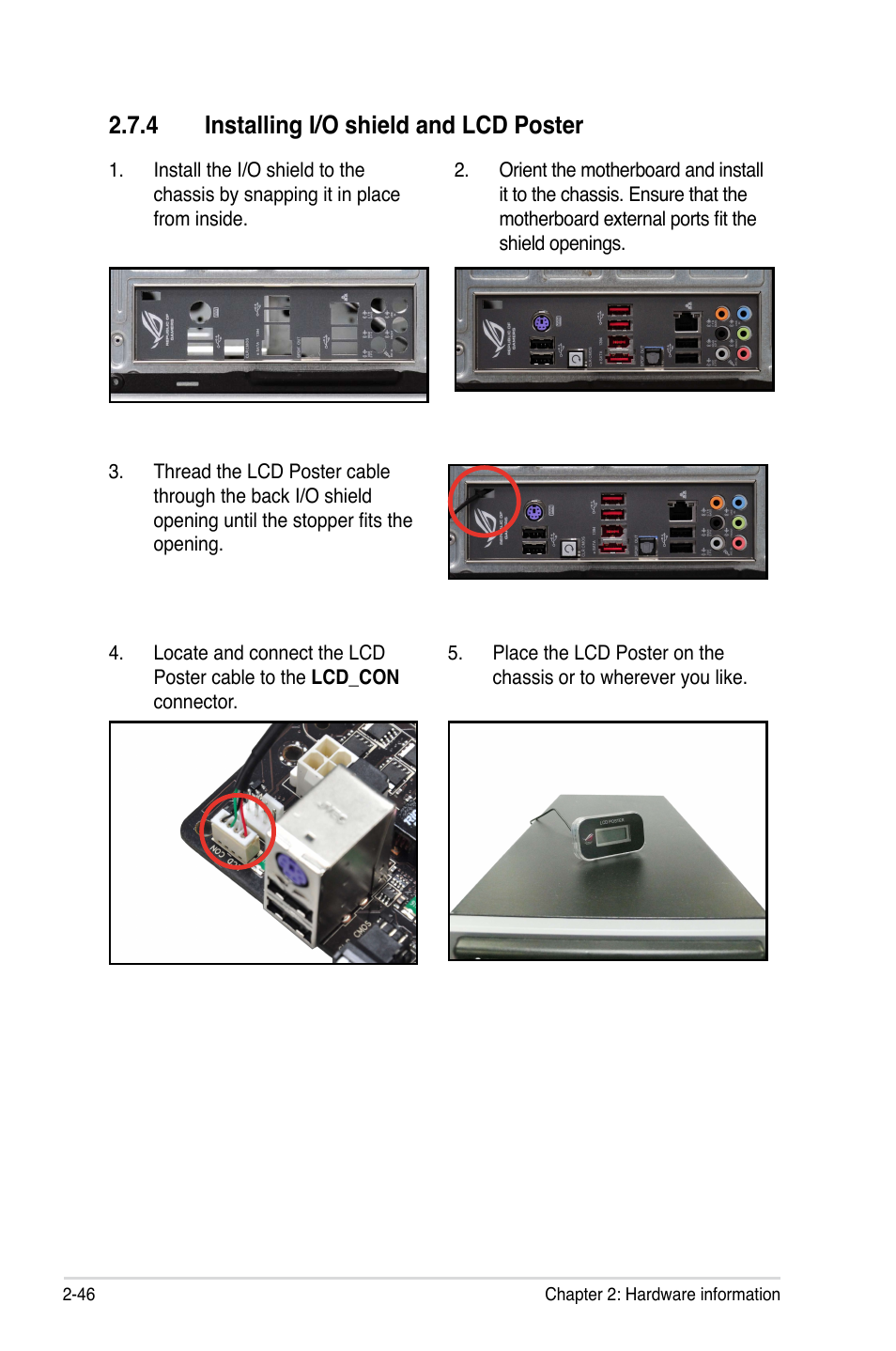 4 installing i/o shield and lcd poster | Asus Maximus II Gene User Manual | Page 70 / 174