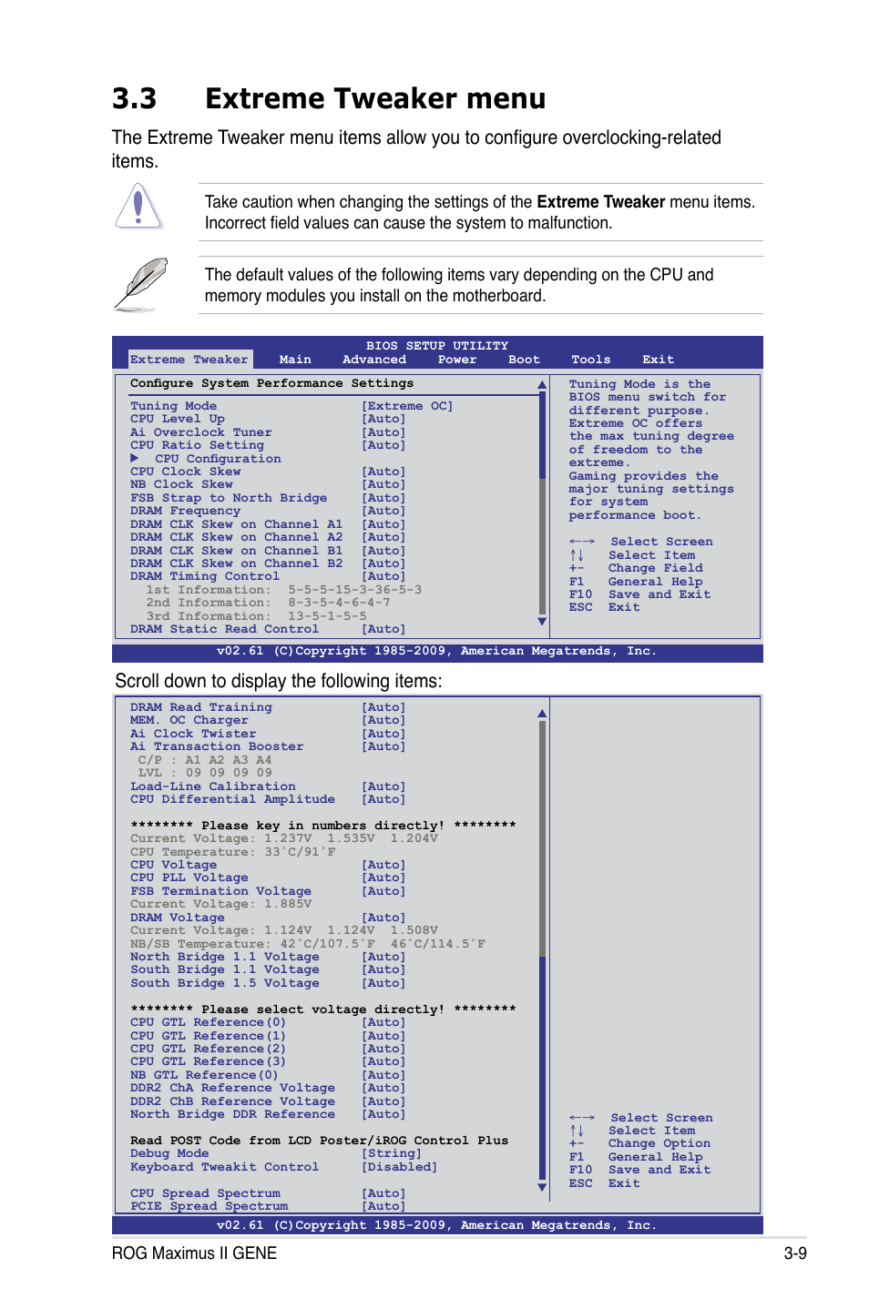 3 extreme tweaker menu, Scroll down to display the following items, Rog maximus ii gene 3-9 | Asus Maximus II Gene User Manual | Page 83 / 174