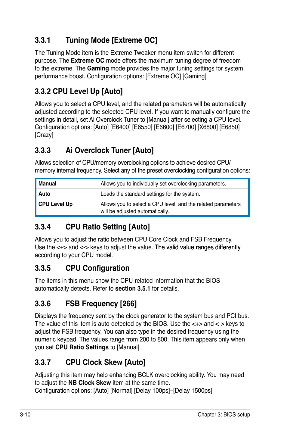 1 tuning mode [extreme oc, 2 cpu level up [auto, 3 ai overclock tuner [auto | 4 cpu ratio setting [auto, � cpu configuration, 6 fsb frequency [266, 7 cpu clock skew [auto | Asus Maximus II Gene User Manual | Page 84 / 174