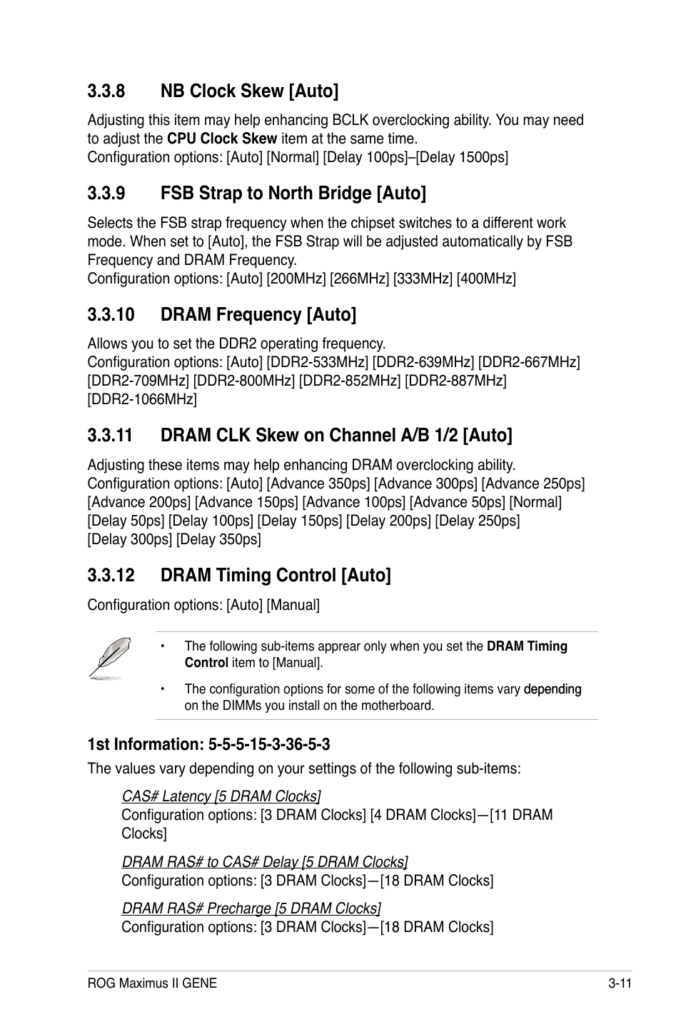 8 nb clock skew [auto, 9 fsb strap to north bridge [auto, 10 dram frequency [auto | 11 dram clk skew on channel a/b 1/2 [auto, 12 dram timing control [auto | Asus Maximus II Gene User Manual | Page 85 / 174