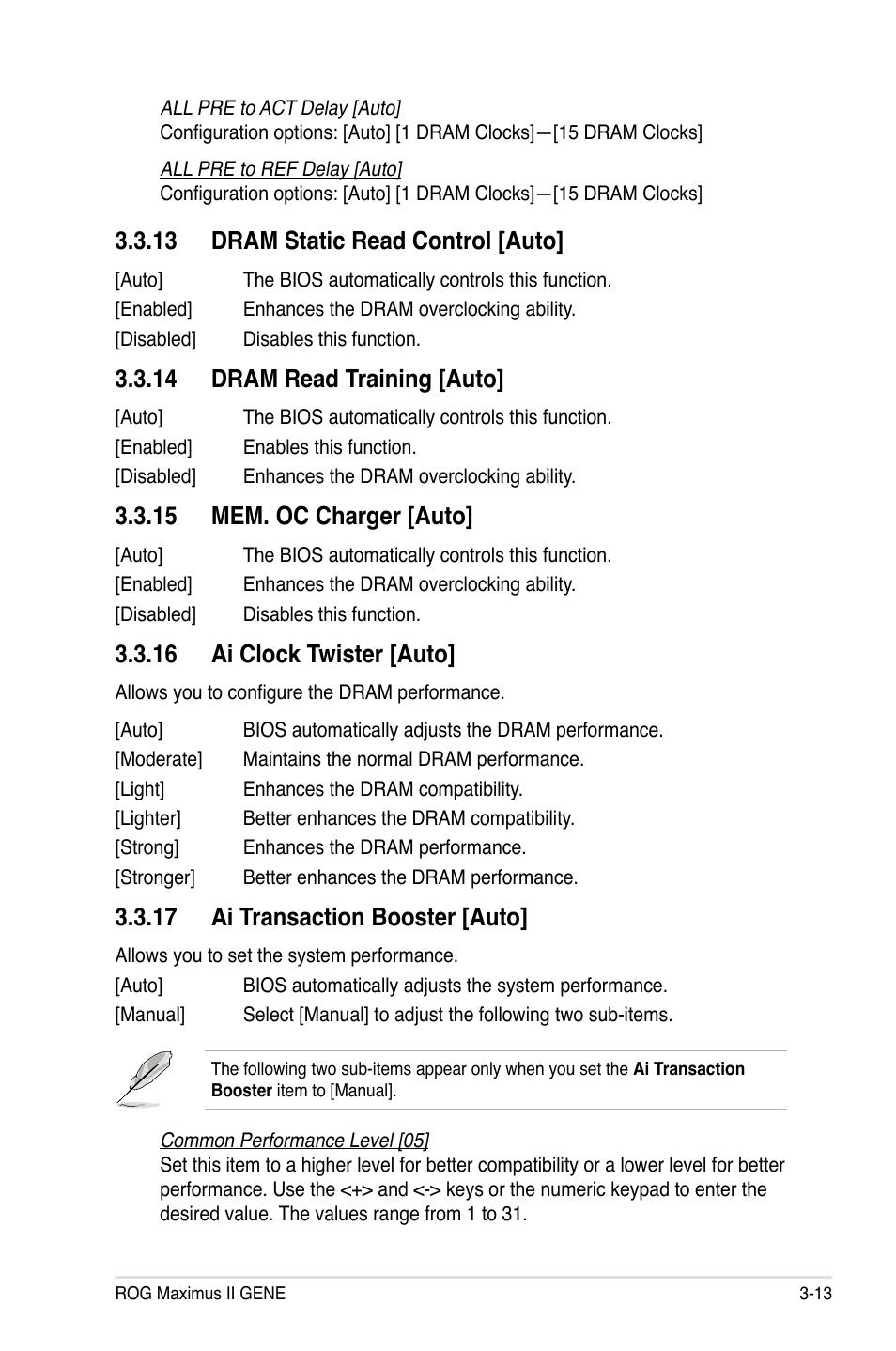 13 dram static read control [auto, 14 dram read training [auto, 15 mem. oc charger [auto | 16 ai clock twister [auto, 17 ai transaction booster [auto | Asus Maximus II Gene User Manual | Page 87 / 174