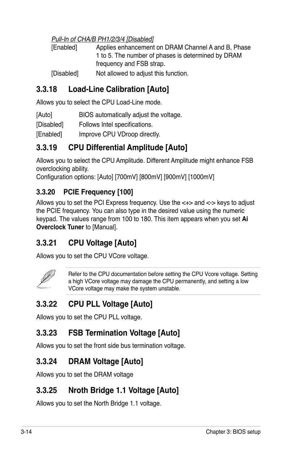 18 load-line calibration [auto, 19 cpu differential amplitude [auto, 21 cpu voltage [auto | 22 cpu pll voltage [auto, 23 fsb termination voltage [auto, 24 dram voltage [auto, 25 nroth bridge 1.1 voltage [auto | Asus Maximus II Gene User Manual | Page 88 / 174