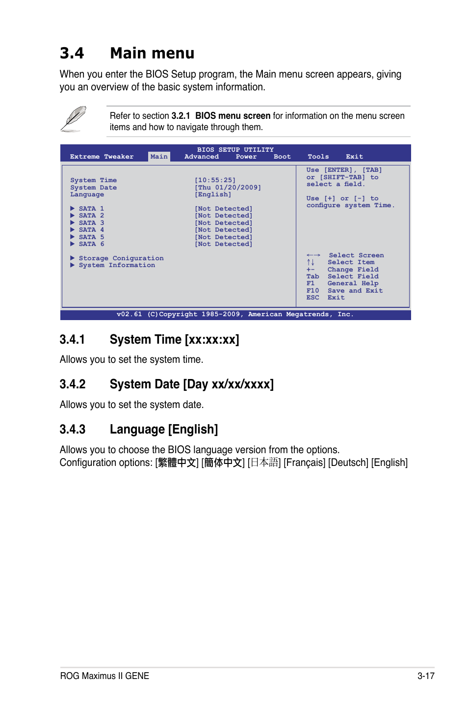 4 main menu, 1 system time [xx:xx:xx, 3 language [english | Allows you to set the system time, Allows you to set the system date | Asus Maximus II Gene User Manual | Page 91 / 174