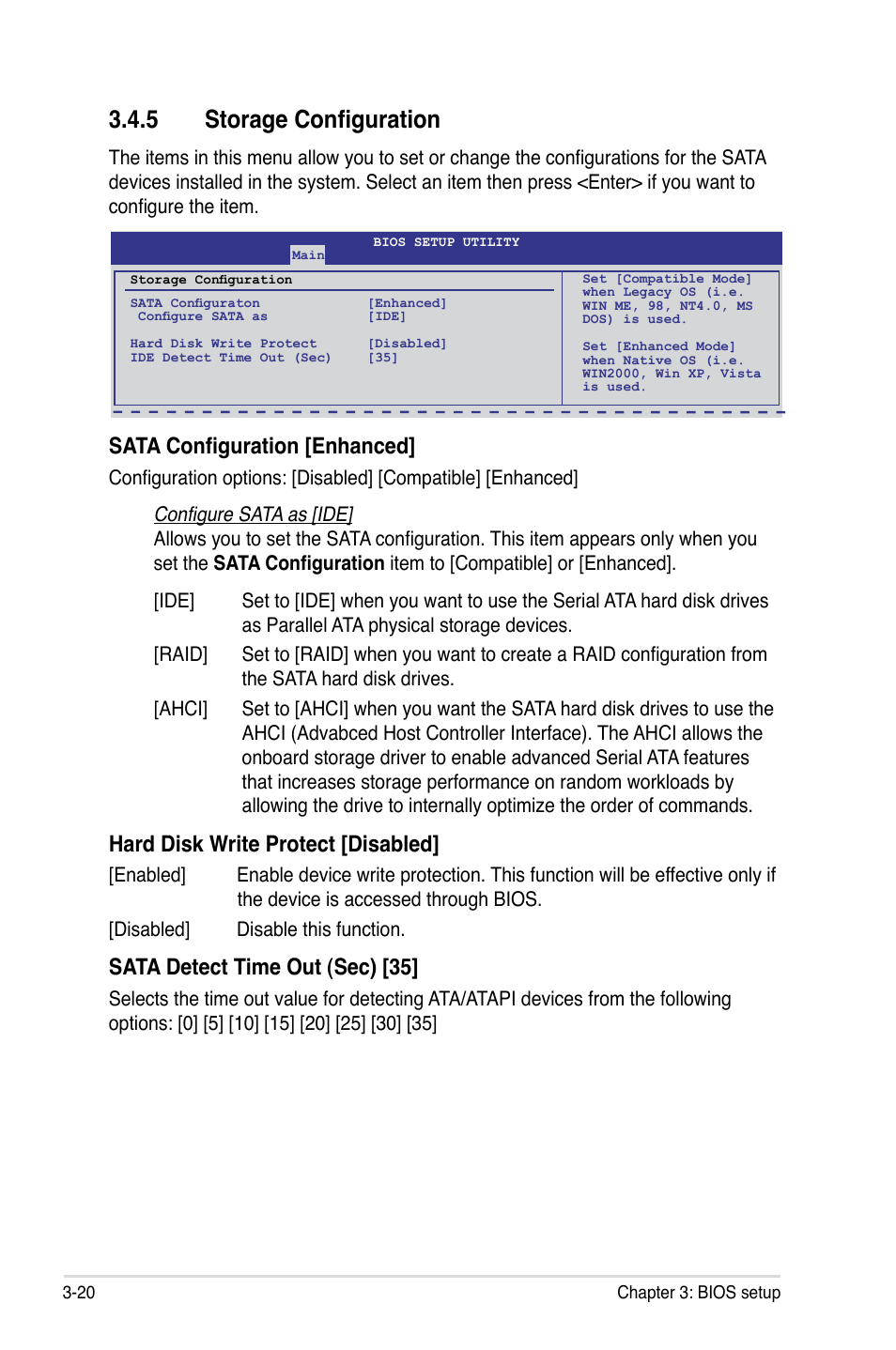 � storage configuration, Sata configuration [enhanced, Hard disk write protect [disabled | Sata detect time out (sec) [35 | Asus Maximus II Gene User Manual | Page 94 / 174