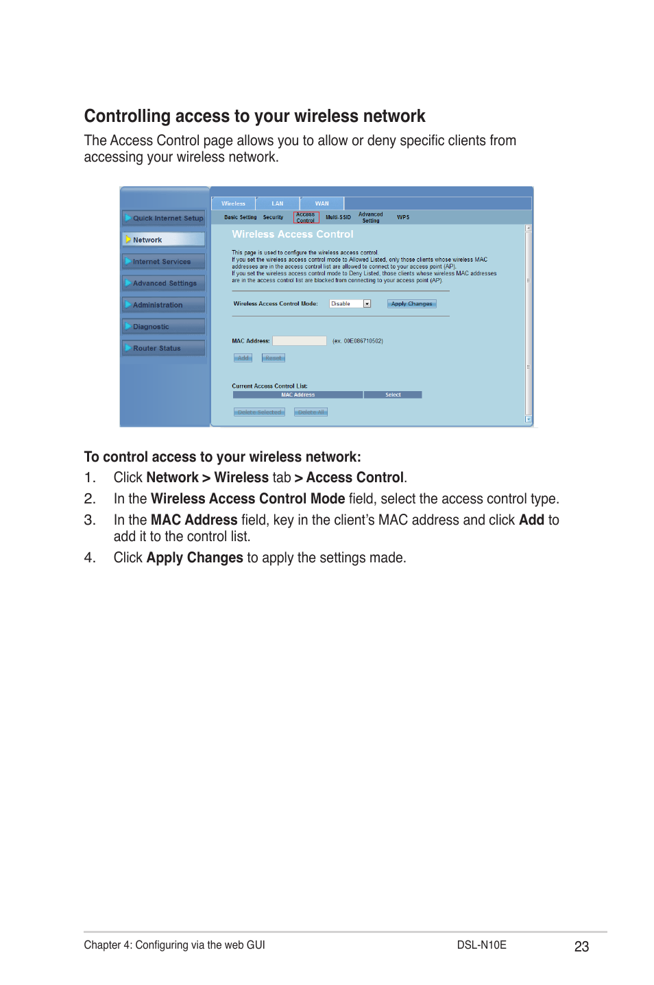 Controlling access to your wireless network | Asus DSL-N10E User Manual | Page 23 / 61