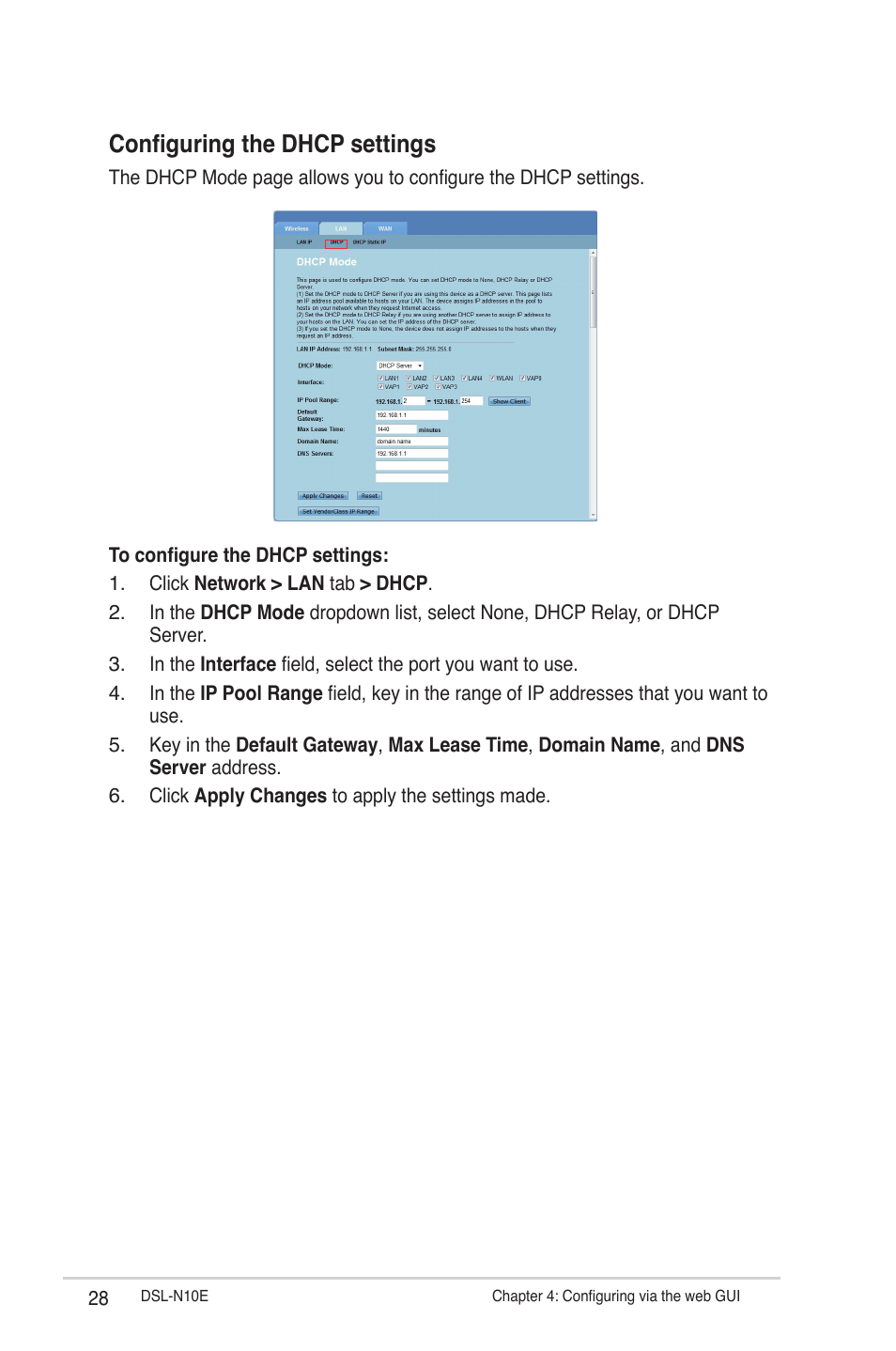 Configuring the dhcp settings | Asus DSL-N10E User Manual | Page 28 / 61