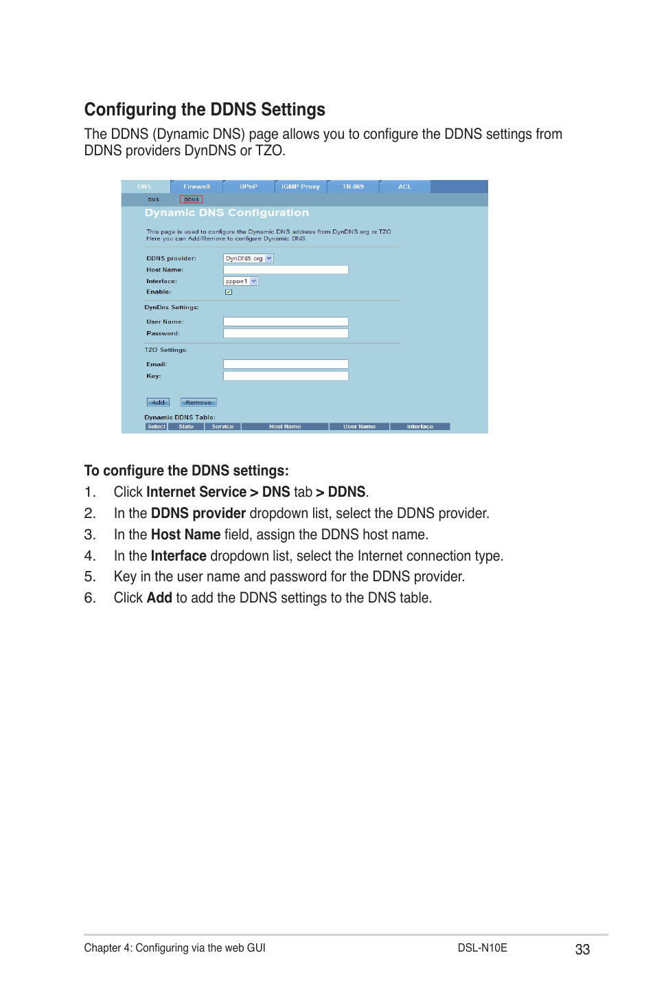 Configuring the ddns settings | Asus DSL-N10E User Manual | Page 33 / 61
