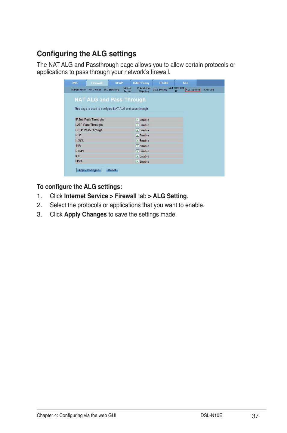 Configuring the alg settings | Asus DSL-N10E User Manual | Page 37 / 61
