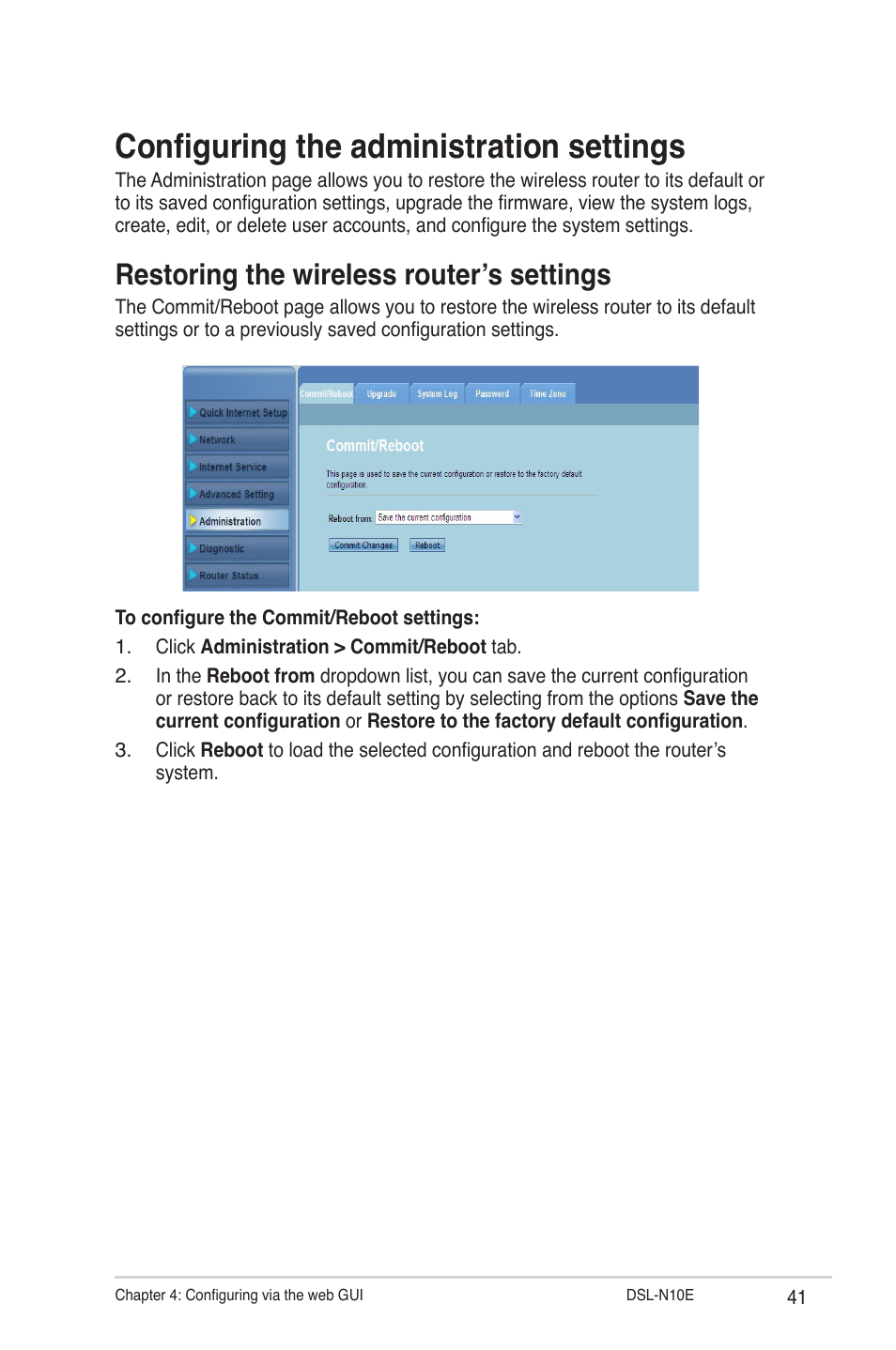 Configuring the administration settings, Restoring the wireless router’s settings | Asus DSL-N10E User Manual | Page 41 / 61