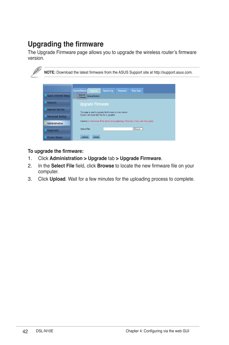 Upgrading the firmware | Asus DSL-N10E User Manual | Page 42 / 61