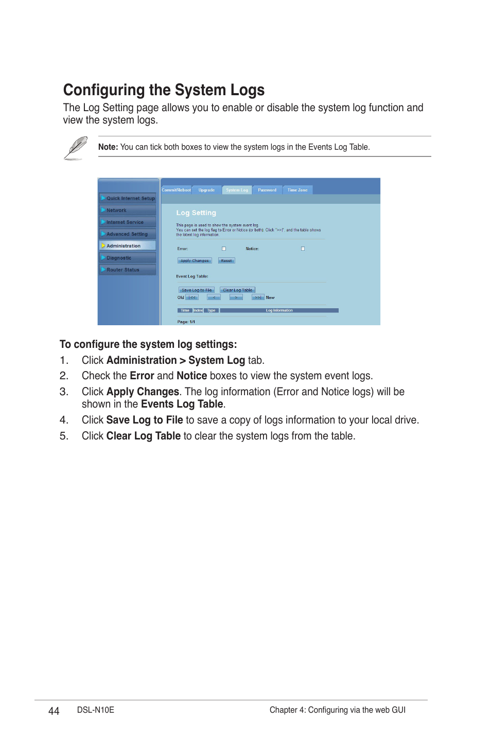 Configuring the system logs | Asus DSL-N10E User Manual | Page 44 / 61