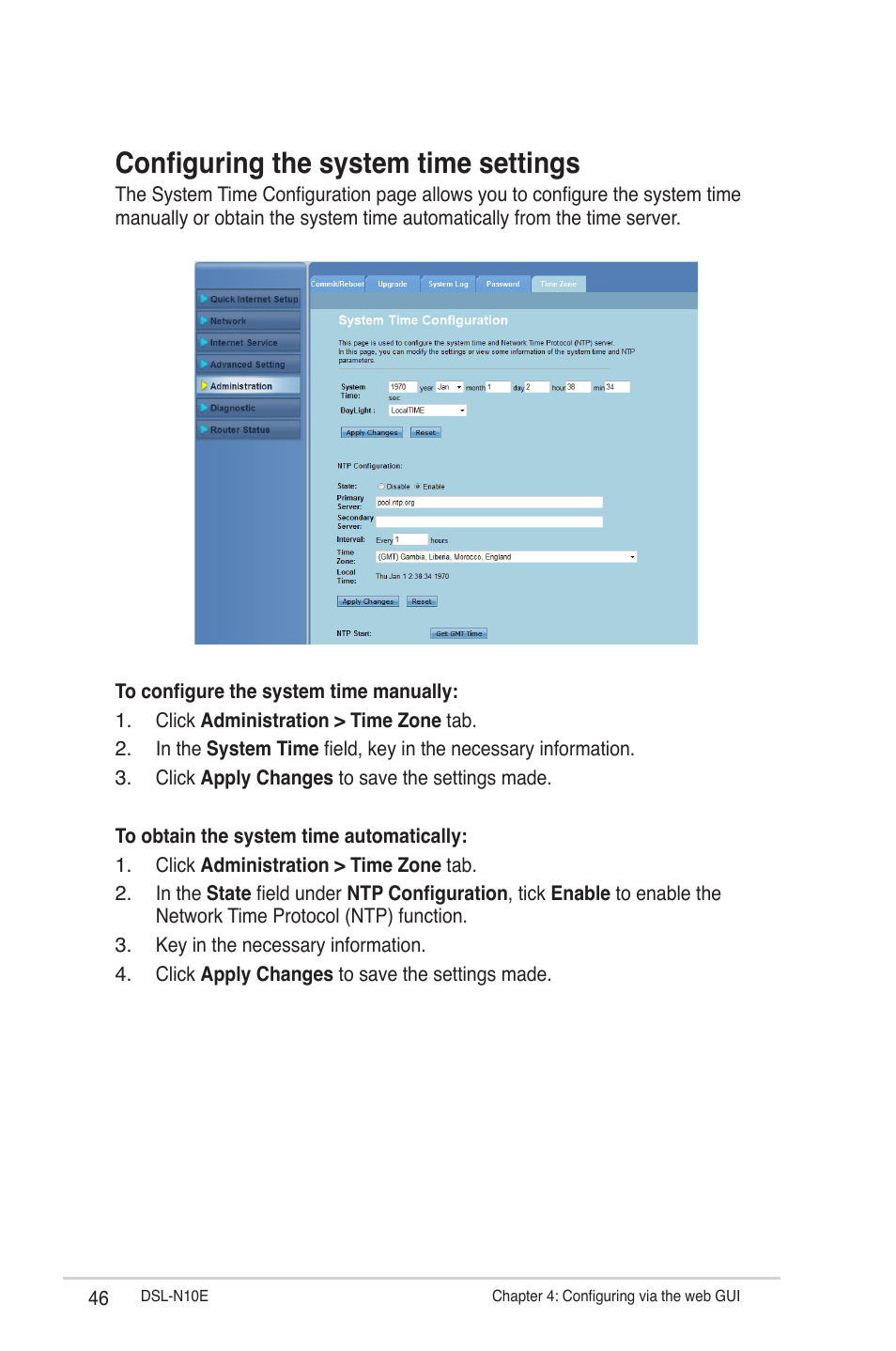 Configuring the system time settings | Asus DSL-N10E User Manual | Page 46 / 61