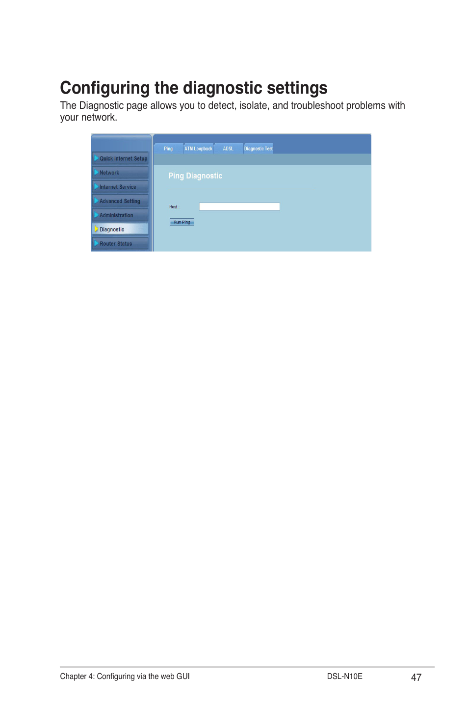 Configuring the diagnostic settings | Asus DSL-N10E User Manual | Page 47 / 61