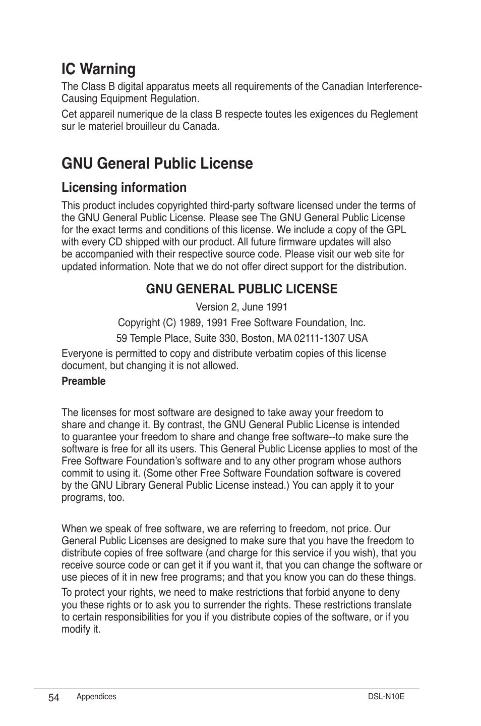 Ic warning, Gnu general public license, Licensing information | Asus DSL-N10E User Manual | Page 54 / 61