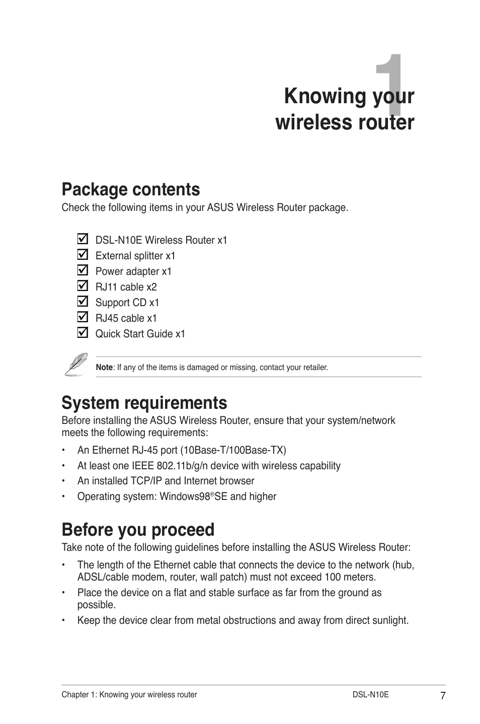 Knowing your wireless router, Package contents, System requirements | Before you proceed | Asus DSL-N10E User Manual | Page 7 / 61