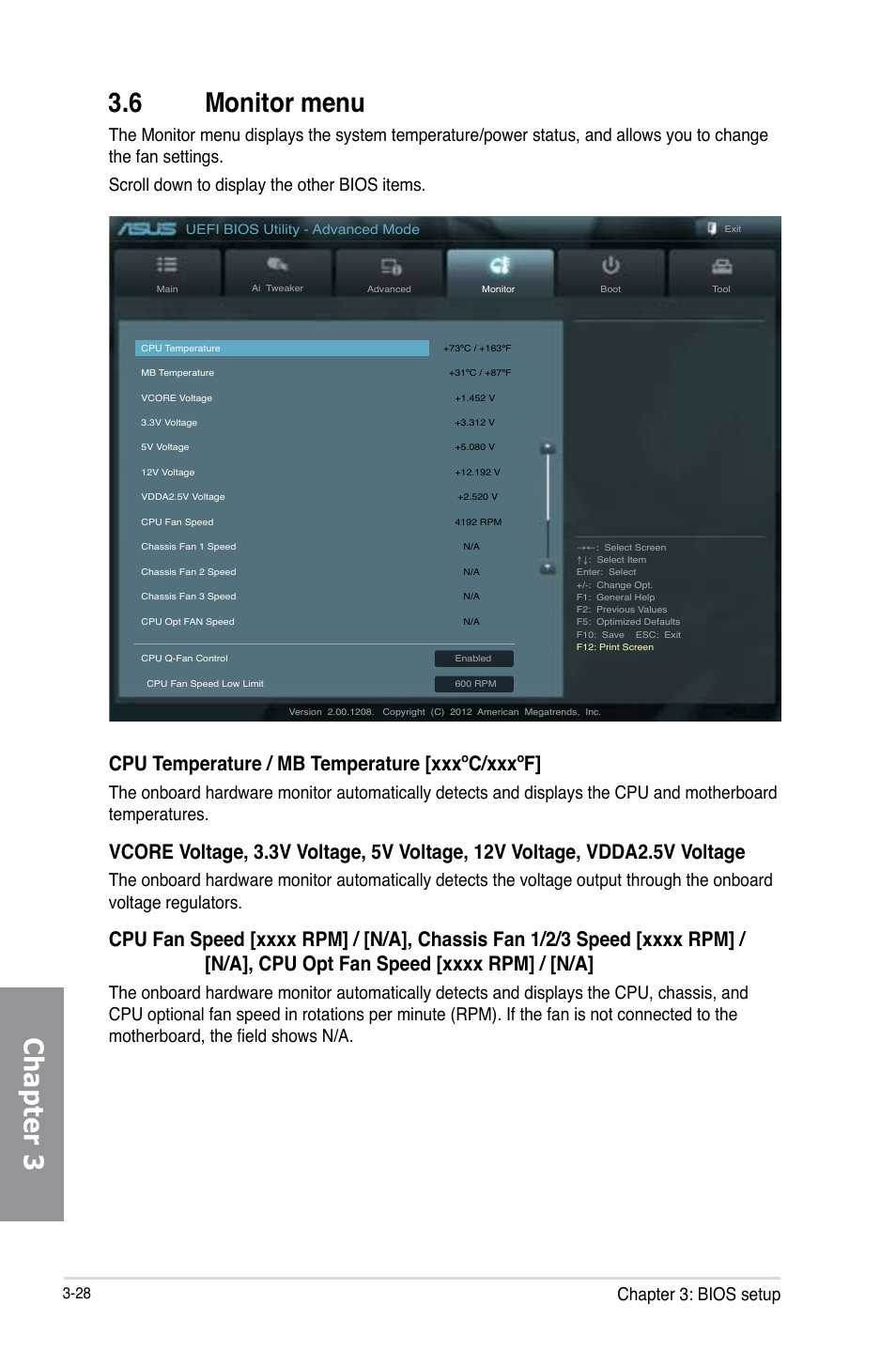 6 monitor menu, Monitor menu -28, Chapter 3 | Cpu temperature / mb temperature [xxxºc/xxxºf, Chapter 3: bios setup | Asus M5A99X EVO R2.0 User Manual | Page 100 / 180