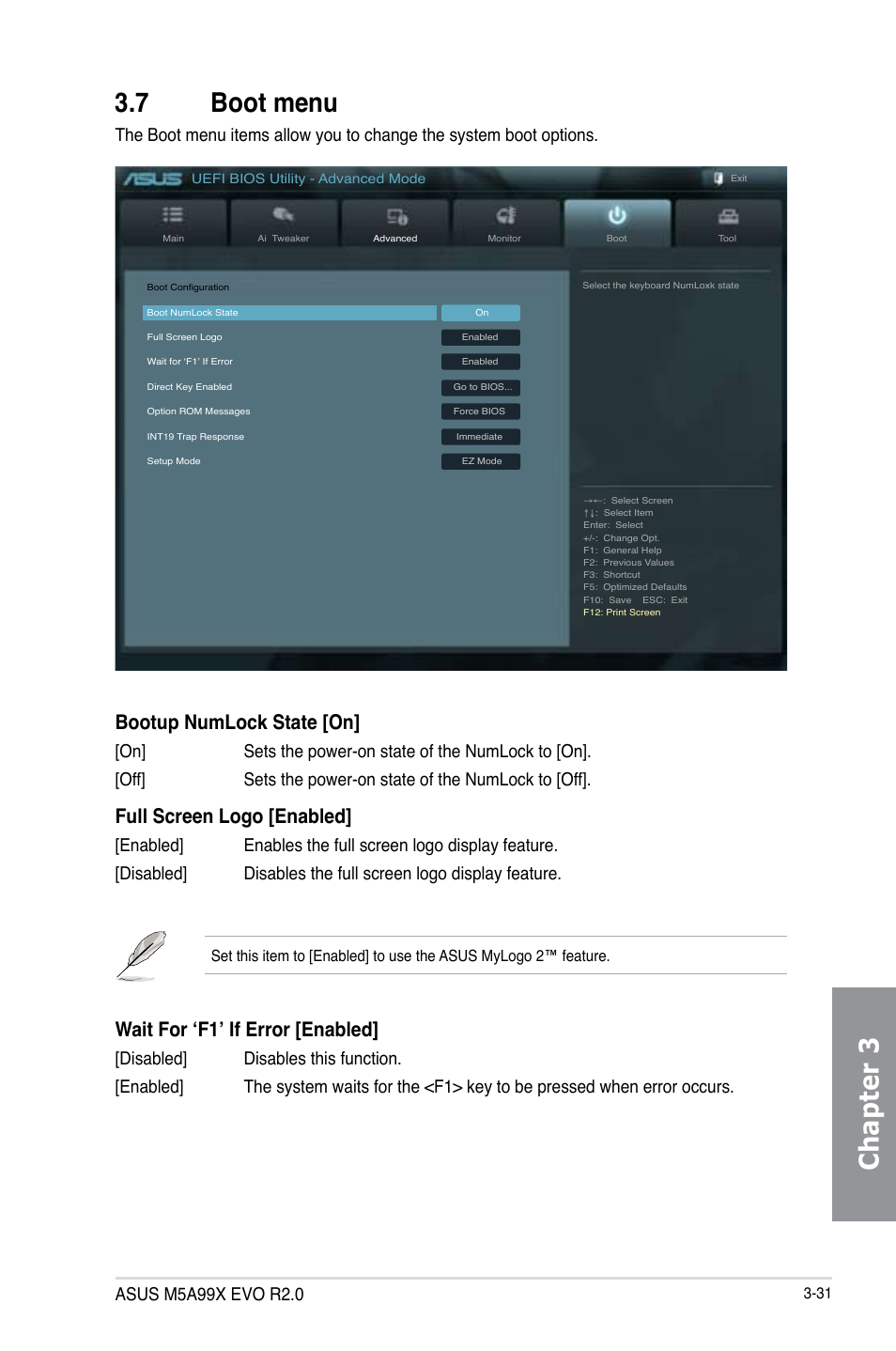 7 boot menu, Boot menu -31, Chapter 3 3.7 boot menu | Bootup numlock state [on, Full screen logo [enabled, Wait for ‘f1’ if error [enabled | Asus M5A99X EVO R2.0 User Manual | Page 103 / 180