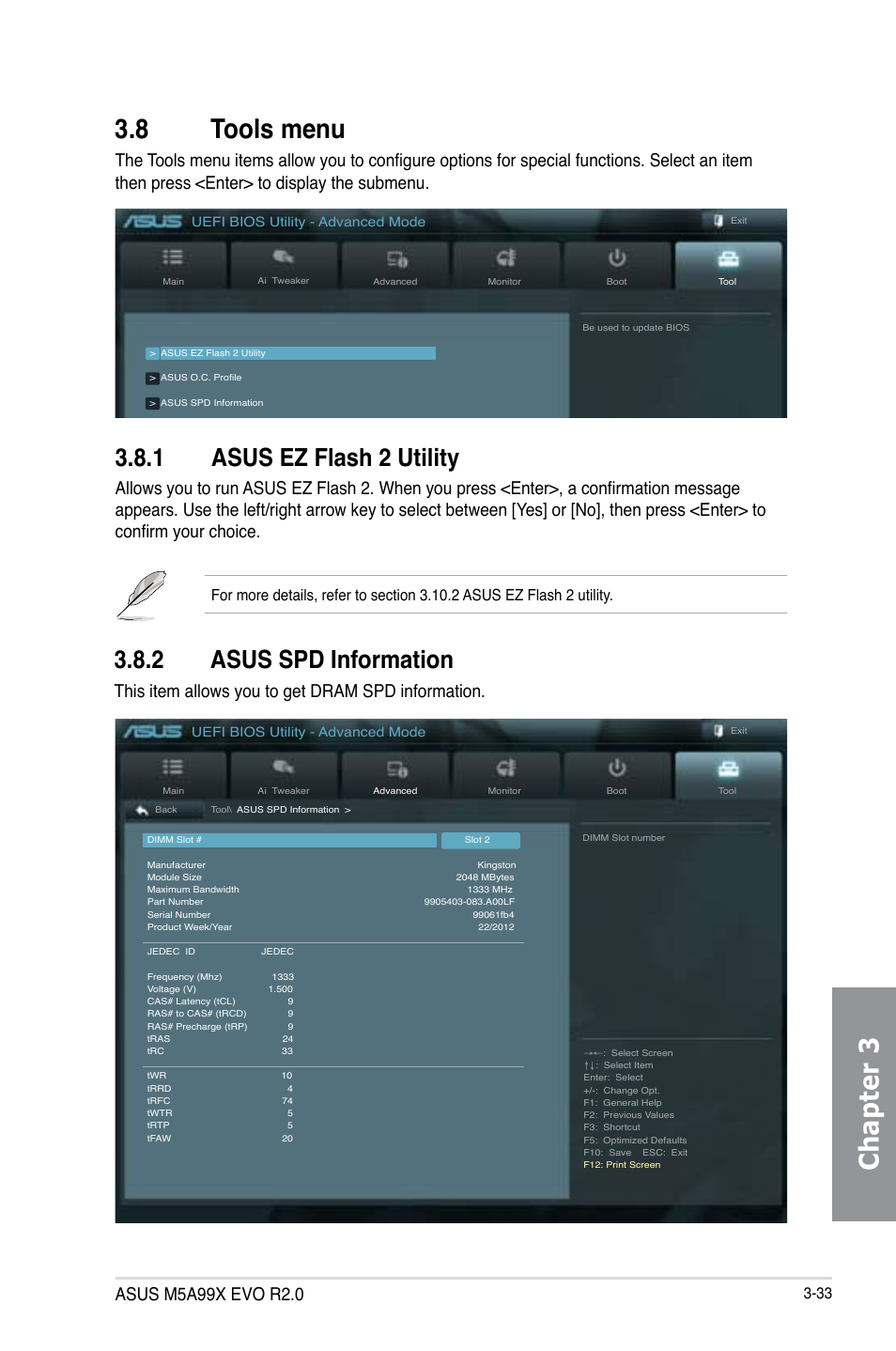 8 tools menu, 1 asus ez flash 2 utility, 2 asus spd information | Tools menu -33 3.8.1, Asus ez flash 2 utility -33, Asus spd information -33, Chapter 3, This item allows you to get dram spd information | Asus M5A99X EVO R2.0 User Manual | Page 105 / 180