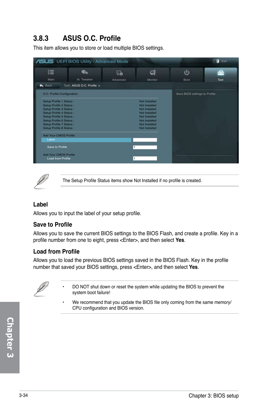 3 asus o.c. profile, Asus o.c. profile -34, Chapter 3 | Label, Save to profile, Load from profile, Chapter 3: bios setup | Asus M5A99X EVO R2.0 User Manual | Page 106 / 180