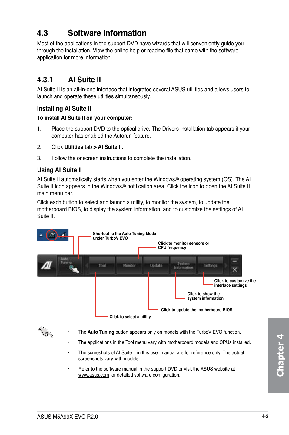 3 software information, 1 ai suite ii, Software information -3 4.3.1 | Ai suite ii -3, Chapter 4 4.3 software information | Asus M5A99X EVO R2.0 User Manual | Page 119 / 180