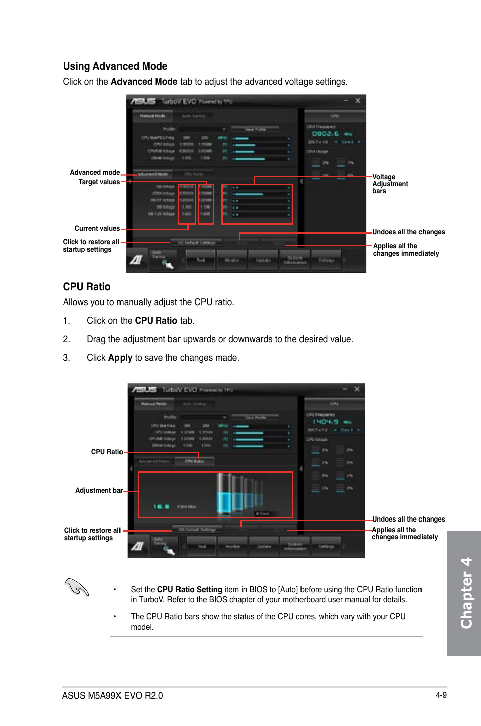 Chapter 4, Using advanced mode, Cpu ratio | Asus M5A99X EVO R2.0 User Manual | Page 125 / 180