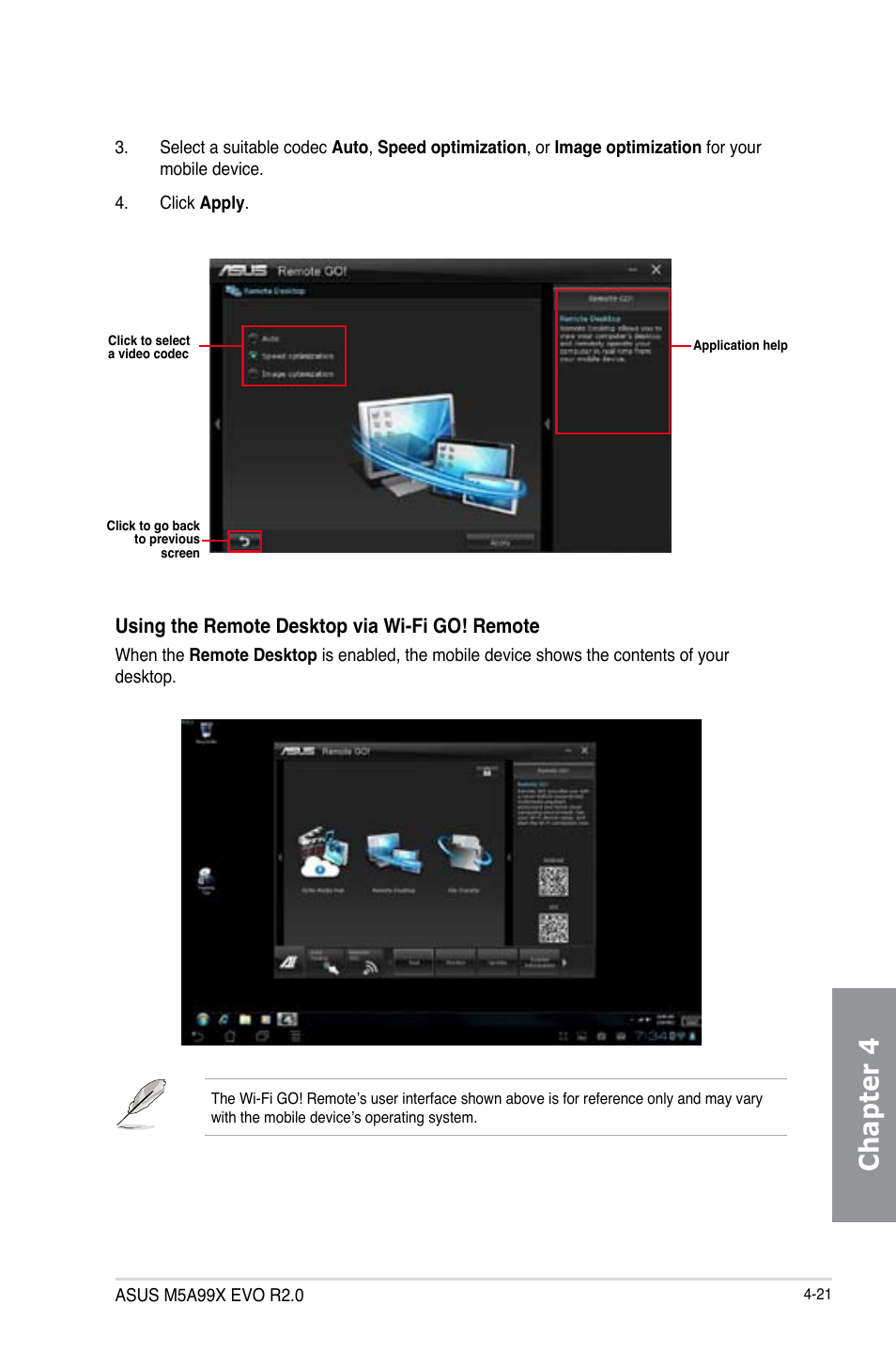 Chapter 4, Using the remote desktop via wi-fi go! remote | Asus M5A99X EVO R2.0 User Manual | Page 137 / 180