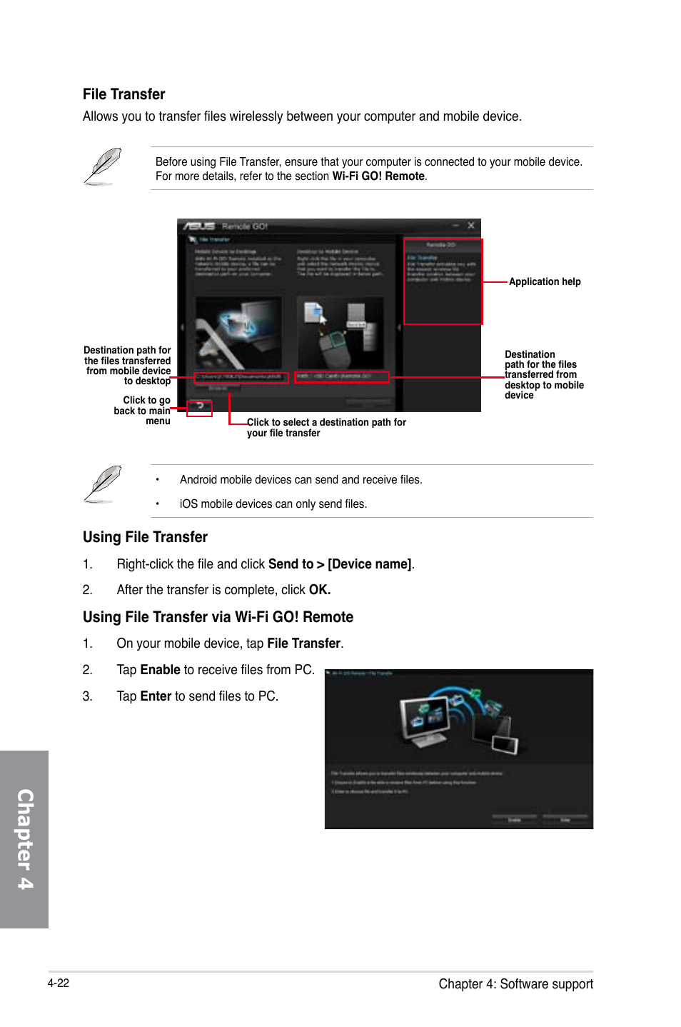 Chapter 4, File transfer, Using file transfer via wi-fi go! remote | Using file transfer | Asus M5A99X EVO R2.0 User Manual | Page 138 / 180