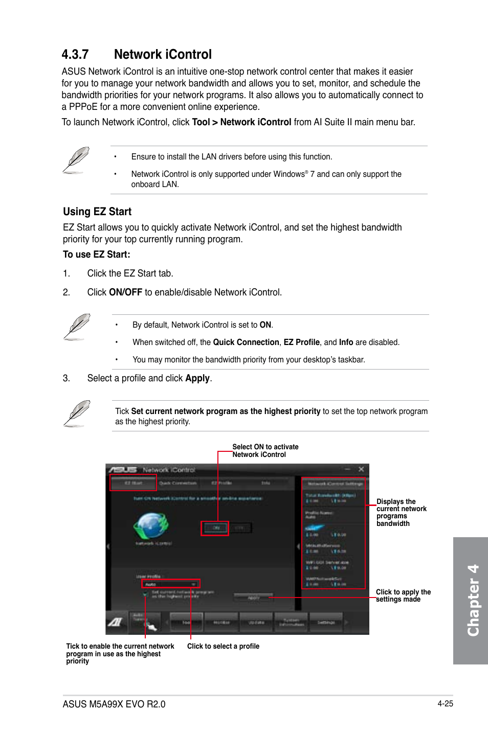 7 network icontrol, Network icontrol -25, Chapter 4 | Using ez start | Asus M5A99X EVO R2.0 User Manual | Page 141 / 180