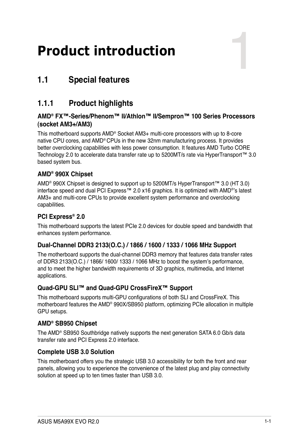 Product introduction, 1 special features, 1 product highlights | Special features -1 1.1.1, Product highlights -1, Chapter 1 | Asus M5A99X EVO R2.0 User Manual | Page 15 / 180