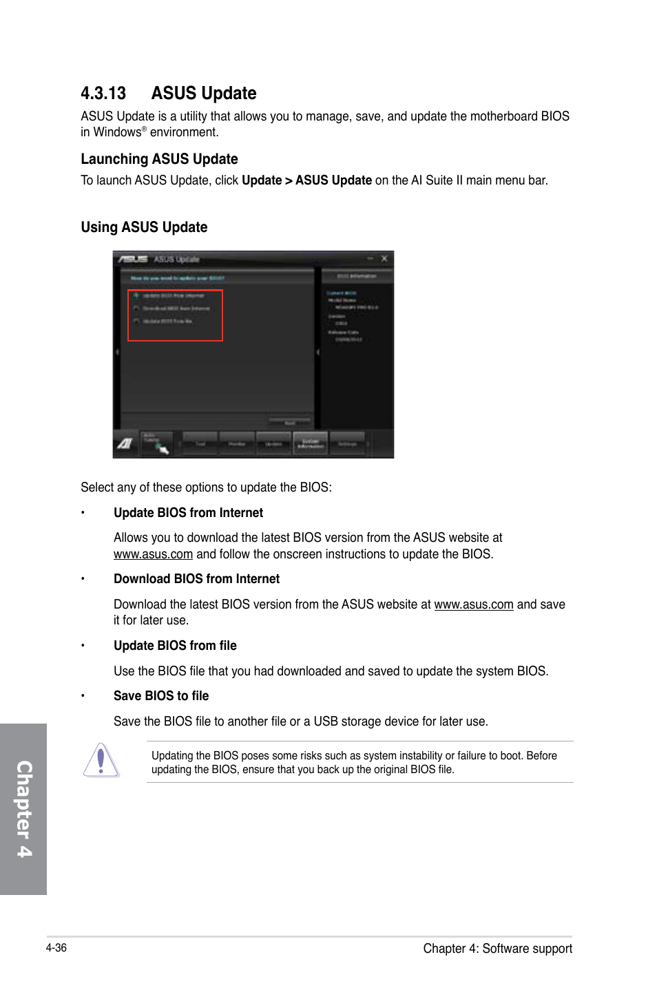 13 asus update, Asus update -36, Chapter 4 | Asus M5A99X EVO R2.0 User Manual | Page 152 / 180