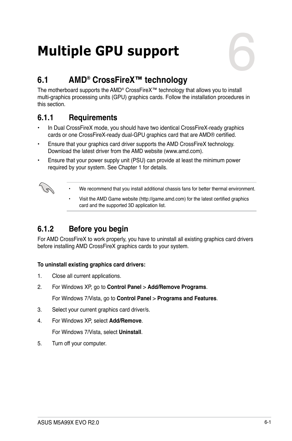 Multiple gpu support, 1 amd® crossfirex™ technology, 1 requirements | 2 before you begin, Crossfirex™ technology -1, Requirements -1, Before you begin -1, Chapter 6, 1 amd, Crossfirex™ technology | Asus M5A99X EVO R2.0 User Manual | Page 167 / 180