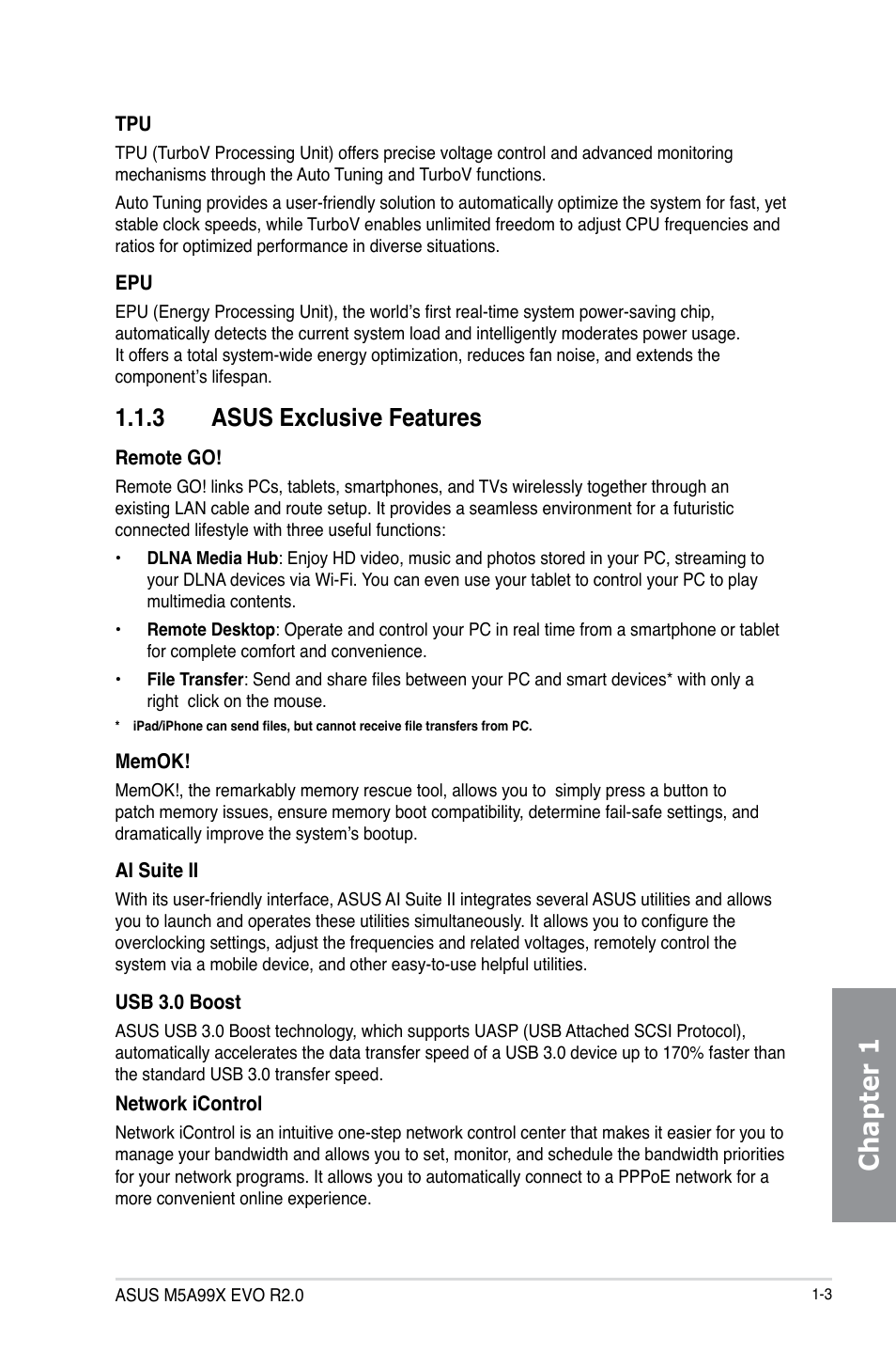 3 asus exclusive features, Asus exclusive features -3, Chapter 1 | Asus M5A99X EVO R2.0 User Manual | Page 17 / 180