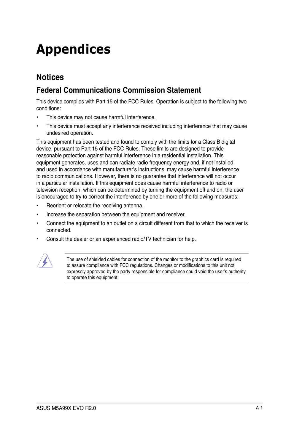 Appendices, Notices, Federal communications commission statement | Asus M5A99X EVO R2.0 User Manual | Page 175 / 180