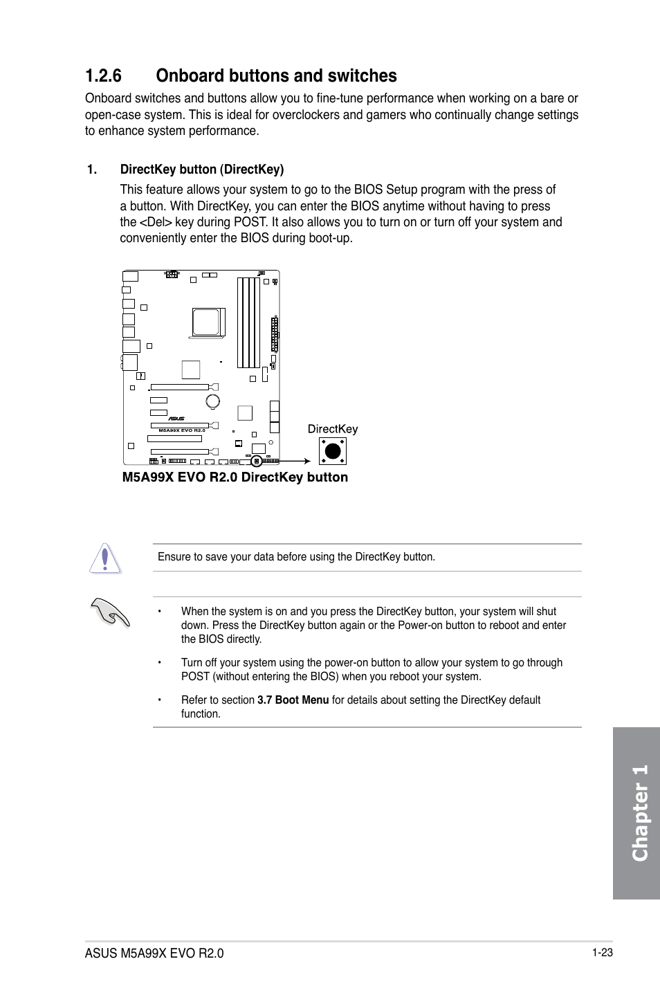 6 onboard buttons and switches, Onboard buttons and switches -23, Chapter 1 | Asus M5A99X EVO R2.0 User Manual | Page 37 / 180