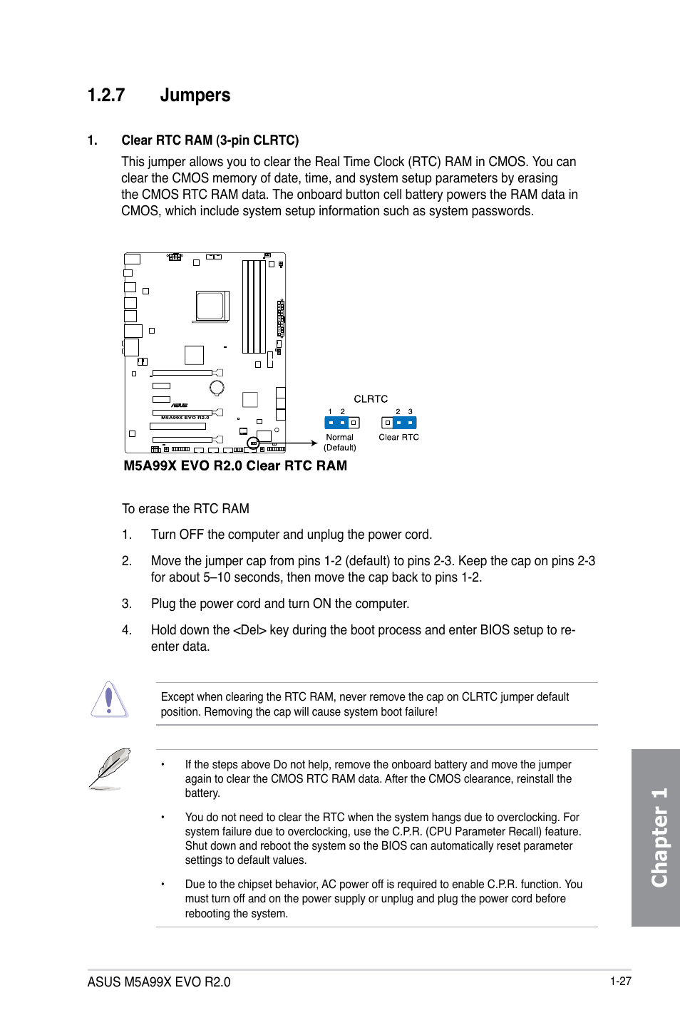 7 jumpers, Jumpers -27, Chapter 1 | Asus M5A99X EVO R2.0 User Manual | Page 41 / 180