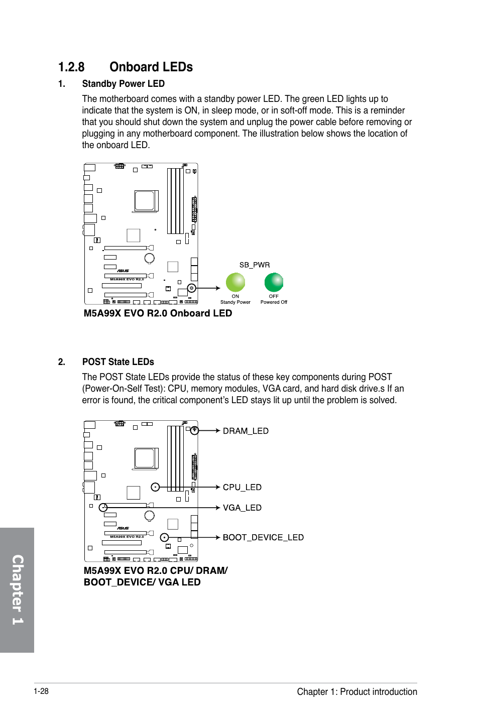 8 onboard leds, Onboard leds -28, Chapter 1 | Asus M5A99X EVO R2.0 User Manual | Page 42 / 180