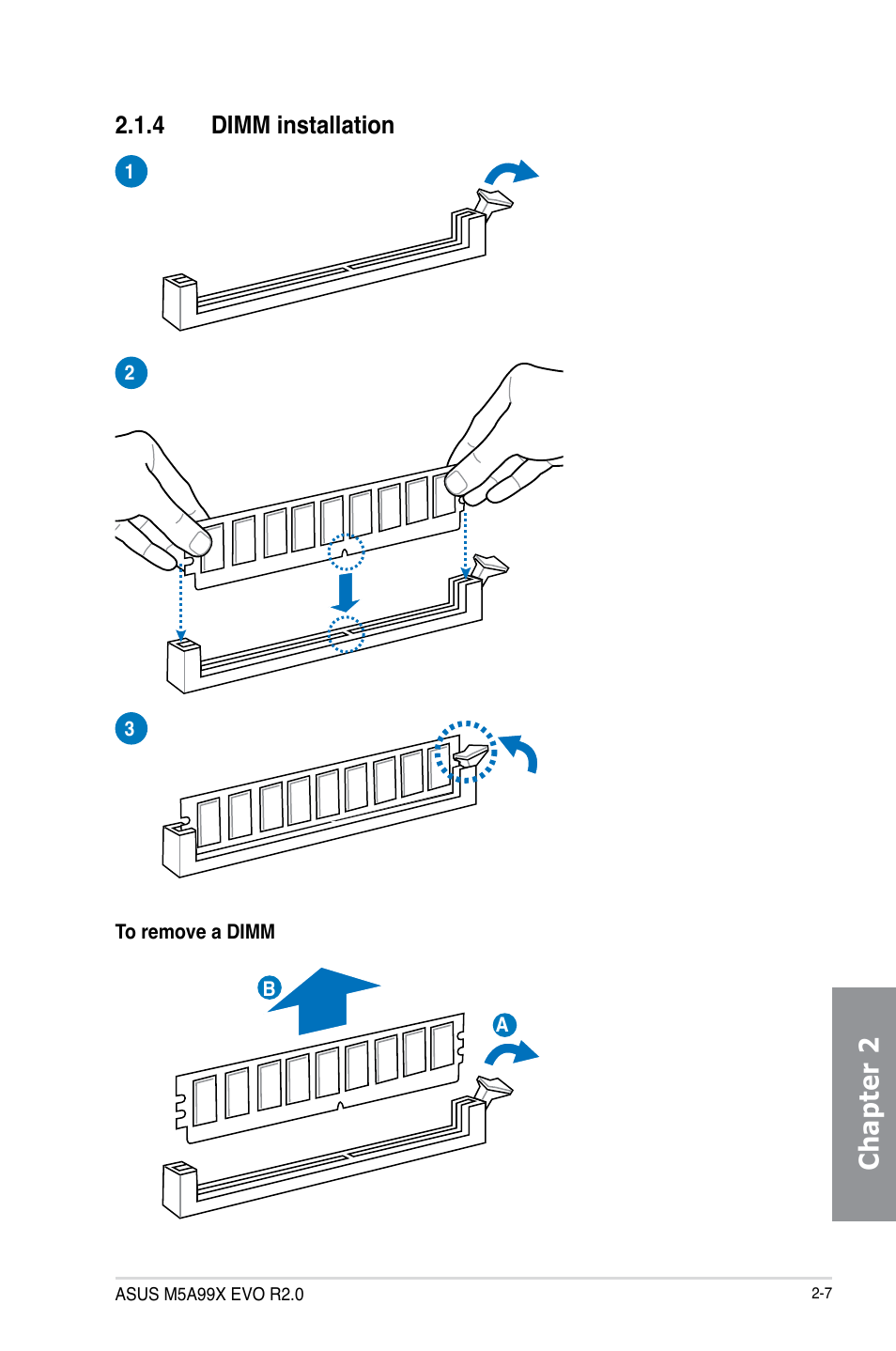 4 dimm installation, Dimm installation -7, Chapter 2 | Asus M5A99X EVO R2.0 User Manual | Page 61 / 180