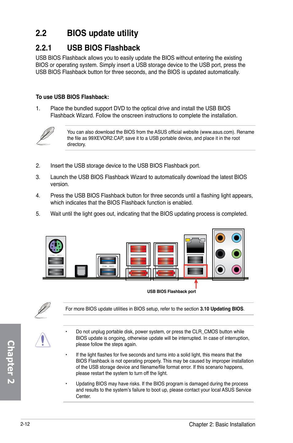 2 bios update utility, 1 usb bios flashback, Bios update utility -12 2.2.1 | Usb bios flashback -12, Chapter 2 2.2 bios update utility | Asus M5A99X EVO R2.0 User Manual | Page 66 / 180