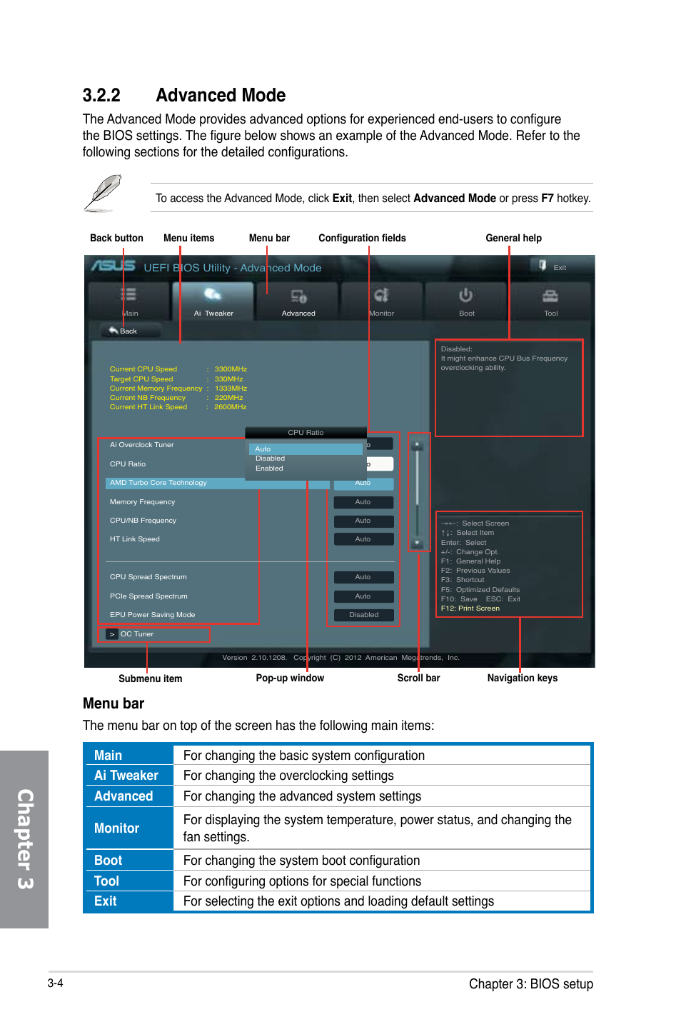 2 advanced mode, Advanced mode -4, Chapter 3 | Menu bar, Chapter 3: bios setup | Asus M5A99X EVO R2.0 User Manual | Page 76 / 180