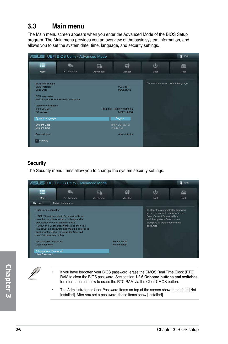 3 main menu, Main menu -6, Chapter 3 3.3 main menu | Security, Chapter 3: bios setup | Asus M5A99X EVO R2.0 User Manual | Page 78 / 180