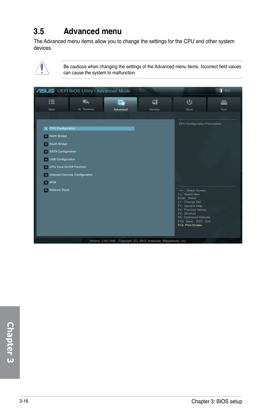 5 advanced menu, Advanced menu -16, Chapter 3 3.5 advanced menu | Chapter 3: bios setup | Asus M5A99X EVO R2.0 User Manual | Page 88 / 180
