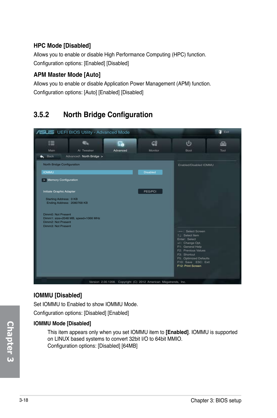 2 north bridge configuration, North bridge configuration -18, Chapter 3 | Iommu [disabled, Hpc mode [disabled, Apm master mode [auto, Chapter 3: bios setup | Asus M5A99X EVO R2.0 User Manual | Page 90 / 180