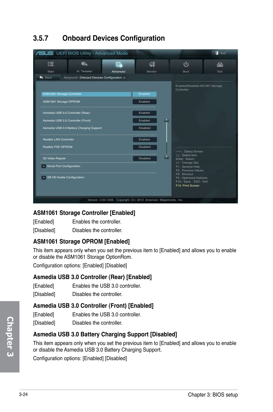 7 onboard devices configuration, Onboard devices configuration -24, Chapter 3 | Asm1061 storage controller [enabled, Asm1061 storage oprom [enabled, Asmedia usb 3.0 controller (rear) [enabled, Asmedia usb 3.0 controller (front) [enabled, Asmedia usb 3.0 battery charging support [disabled, Chapter 3: bios setup | Asus M5A99X EVO R2.0 User Manual | Page 96 / 180