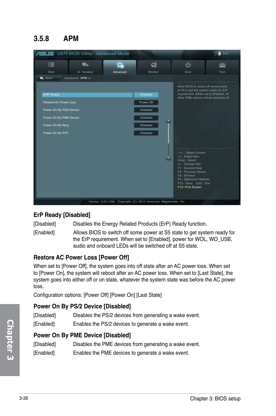 8 apm, Apm -26, Chapter 3 | Erp ready [disabled, Restore ac power loss [power off, Power on by ps/2 device [disabled, Power on by pme device [disabled, Chapter 3: bios setup | Asus M5A99X EVO R2.0 User Manual | Page 98 / 180