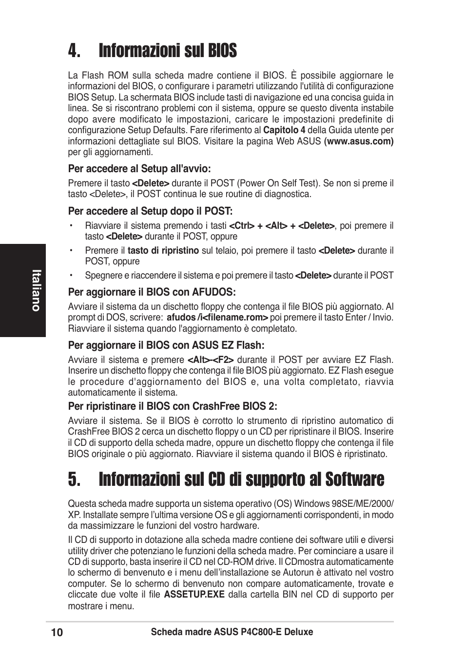 Informazioni sul bios, Informazioni sul cd di supporto al software | Asus P4C800-E Deluxe User Manual | Page 10 / 16