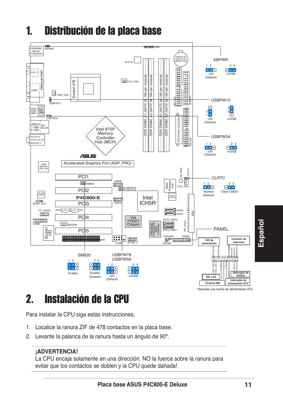 Instalación de la cpu, Distribución de la placa base, Español | Placa base asus p4c800-e deluxe, Intel ich5r, Pci1, Pci2 pci3 pci4 pci5, Panel, P4c800-e, Super i/o | Asus P4C800-E Deluxe User Manual | Page 11 / 16