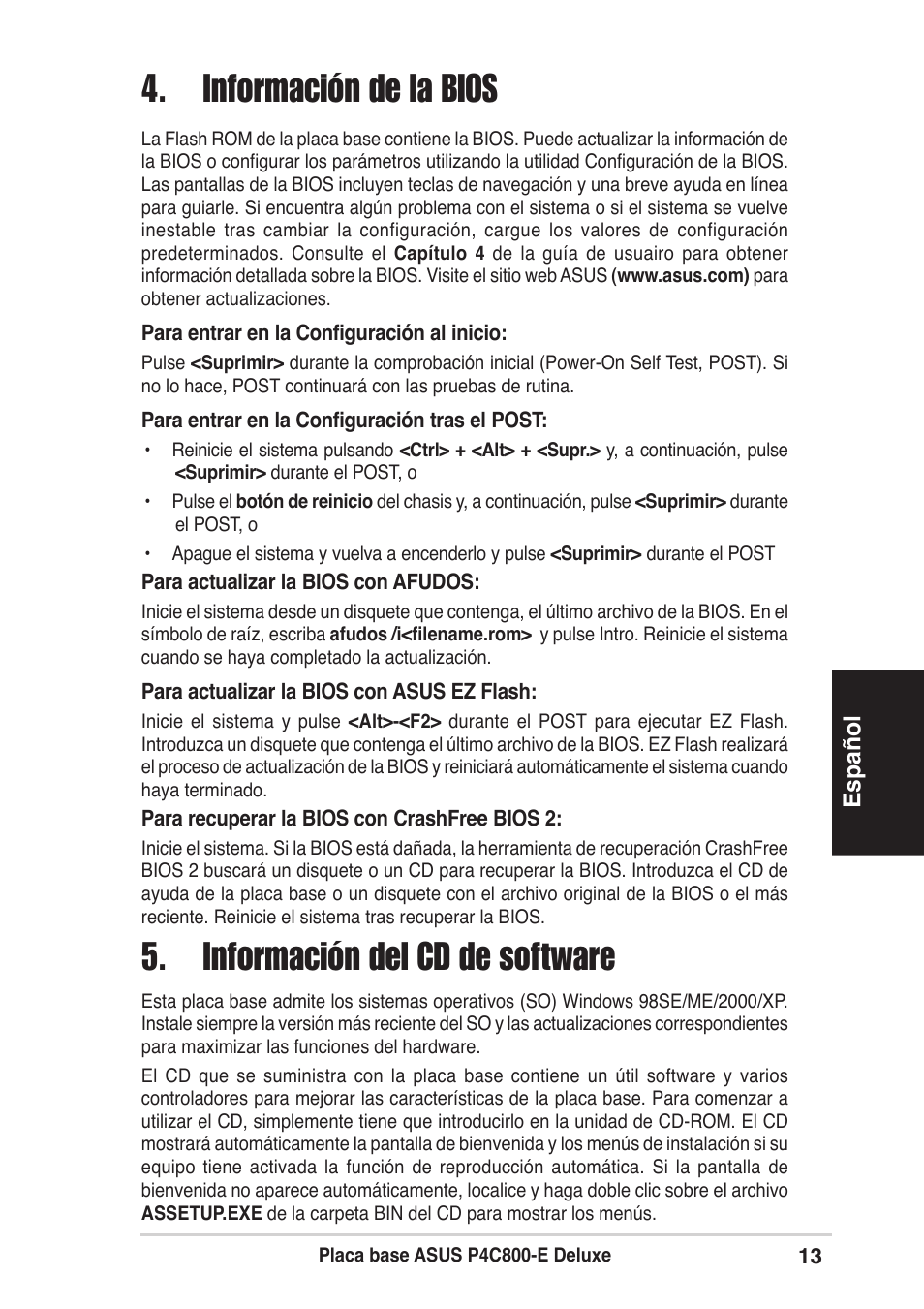 Información de la bios, Información del cd de software | Asus P4C800-E Deluxe User Manual | Page 13 / 16