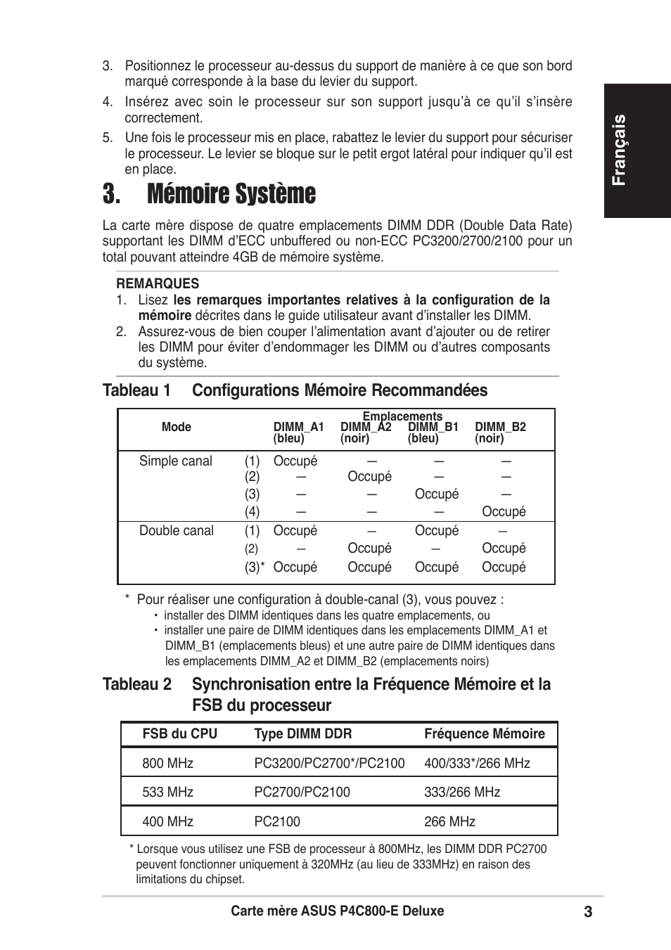 Mémoire système, Français | Asus P4C800-E Deluxe User Manual | Page 3 / 16