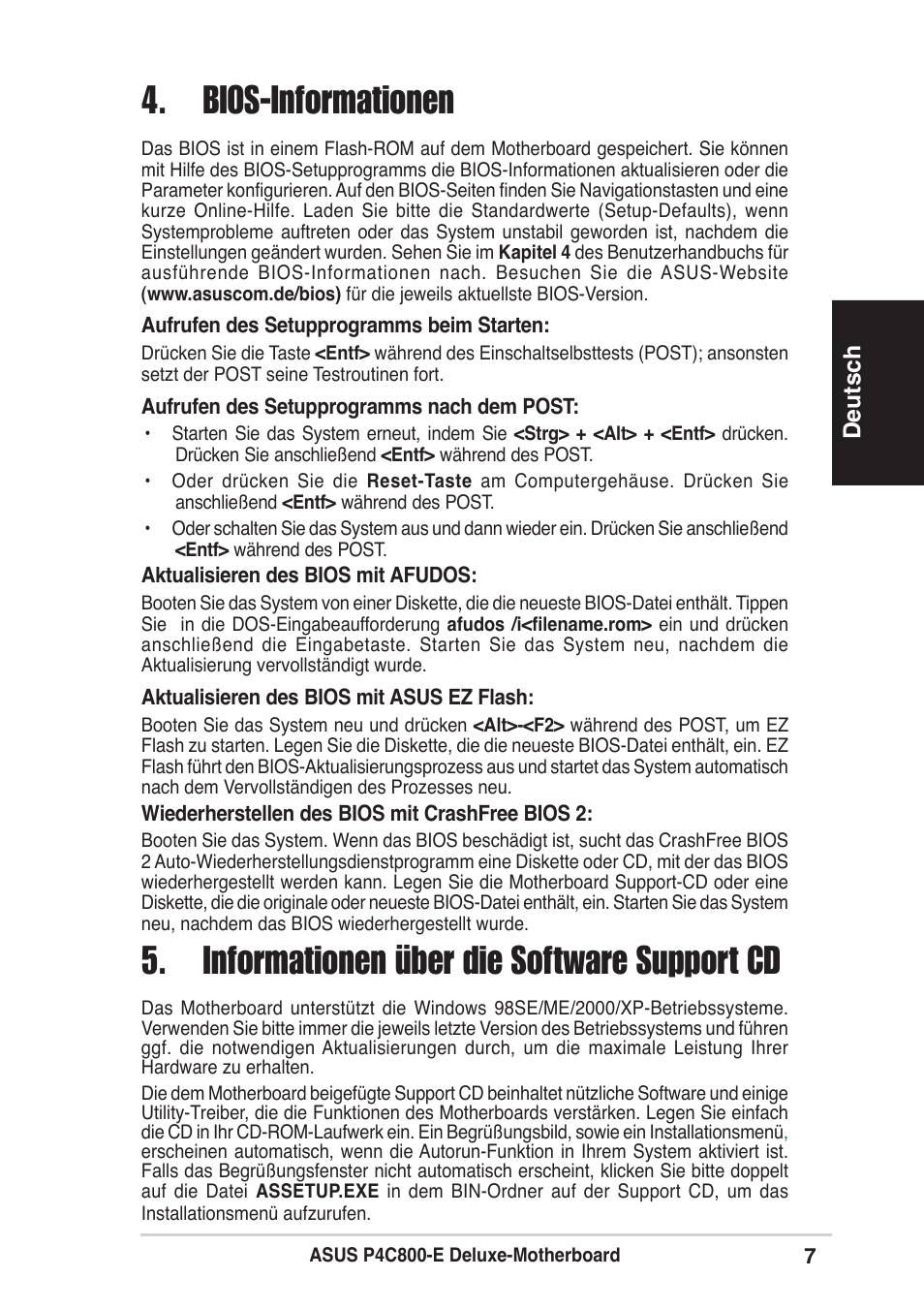 Bios-informationen, Informationen über die software support cd | Asus P4C800-E Deluxe User Manual | Page 7 / 16