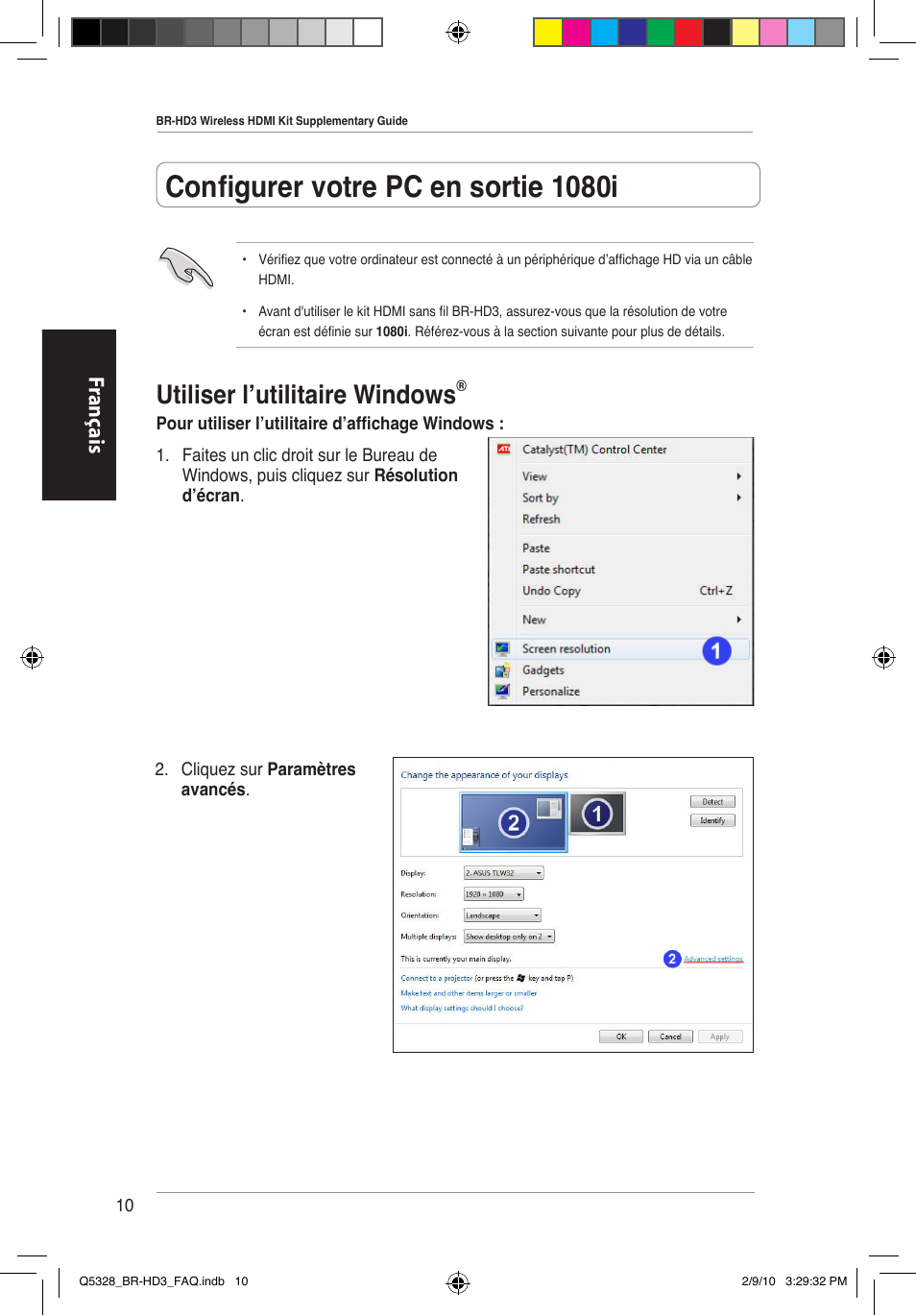 Configurer votre pc en sortie 1080i, Utiliser l’utilitaire windows, Fr ançais | Asus BR-HD3 User Manual | Page 11 / 88